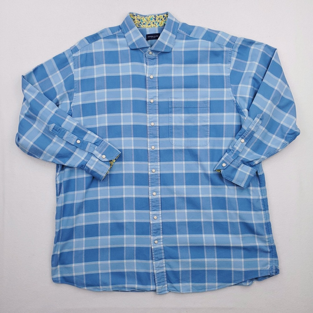 Proper Cloth Shirt Mens 3XL Blue Plaid Pearl Snap Western Flip Cuff Heavy Cowboy